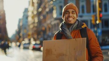 uma sorridente homem caminhando dentro a cidade segurando uma placa foto