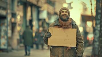 uma sorridente homem caminhando dentro a cidade segurando uma placa foto