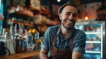 uma sorridente homem proprietário do uma pequeno o negócio sentado foto