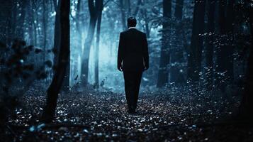 uma assustador homem de negocios anda em dentro a Sombrio floresta foto