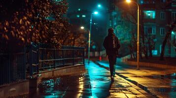 uma jovem adulto caminhando dentro a cidade às noite foto