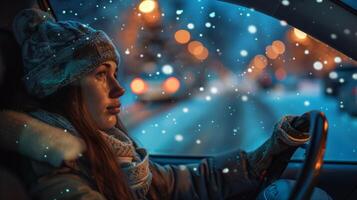 uma jovem mulher dirigindo desfrutando a inverno noite foto