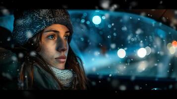 uma jovem mulher dirigindo desfrutando a inverno noite foto