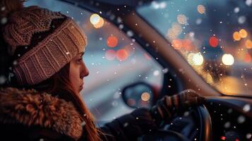 uma jovem mulher dirigindo desfrutando a inverno noite foto