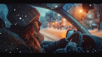 uma jovem mulher dirigindo desfrutando a inverno noite foto