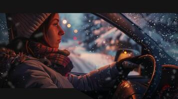 uma jovem mulher dirigindo desfrutando a inverno noite foto