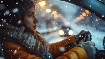 uma jovem mulher dirigindo desfrutando a inverno noite foto