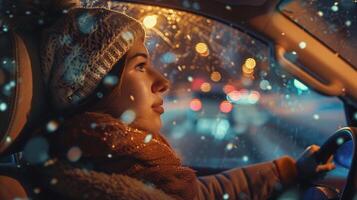 uma jovem mulher dirigindo desfrutando a inverno noite foto