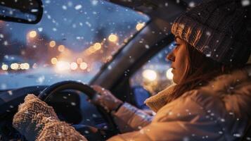 uma jovem mulher dirigindo desfrutando a inverno noite foto