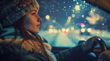 uma jovem mulher dirigindo desfrutando a inverno noite foto