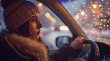 uma jovem mulher dirigindo desfrutando a inverno noite foto