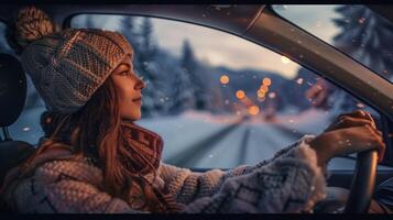 uma jovem mulher dirigindo desfrutando a inverno noite foto