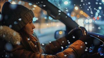 uma jovem mulher dirigindo desfrutando a inverno noite foto