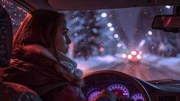 uma jovem mulher dirigindo desfrutando a inverno noite foto