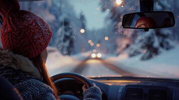 uma jovem mulher dirigindo desfrutando a inverno noite foto