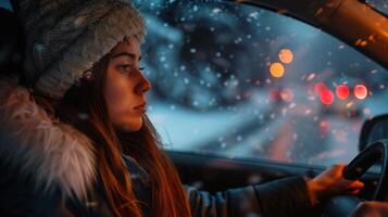 uma jovem mulher dirigindo desfrutando a inverno noite foto