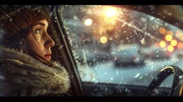 uma jovem mulher dirigindo desfrutando a inverno noite foto