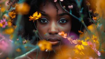 africano americano mulher com flores blm movimento foto