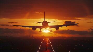 avião levando fora às pôr do sol cena foto