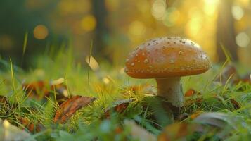 outono floresta fechar acima do comestível cogumelo em Relva foto