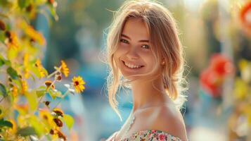 lindo loiro mulher dentro uma floral vestir sorridente foto