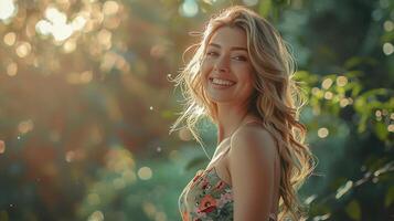 lindo loiro mulher dentro uma floral vestir sorridente foto