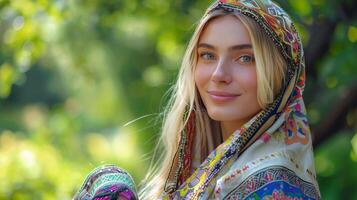 lindo loiro mulher dentro tradicional roupas foto