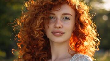 lindo ruiva mulher com encaracolado cabelo olhando foto