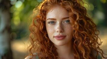 lindo ruiva mulher com encaracolado cabelo olhando foto