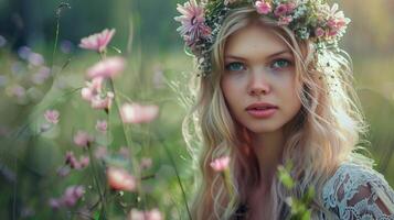 lindo mulher com grandes loiro cabelo e uma flor foto