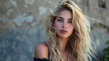 lindo mulher com grandes loiro cabelo olhando foto