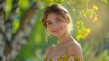 lindo jovem mulher dentro uma verão vestir sorridente foto