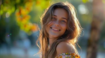 lindo jovem mulher dentro uma verão vestir sorridente foto