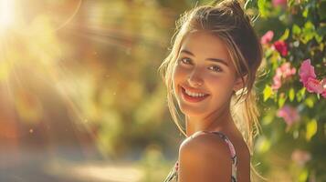 lindo jovem mulher dentro uma verão vestir sorridente foto