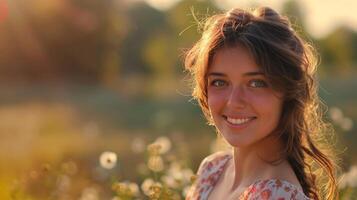 lindo jovem mulher dentro uma verão vestir sorridente foto