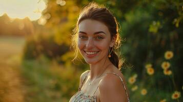 lindo jovem mulher dentro uma verão vestir sorridente foto