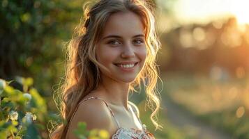 lindo jovem mulher dentro uma verão vestir sorridente foto