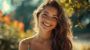 lindo jovem mulher dentro uma verão vestir sorridente foto