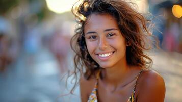 lindo jovem mulher dentro uma verão vestir sorridente foto