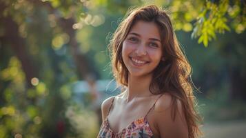 lindo jovem mulher dentro uma verão vestir sorridente foto