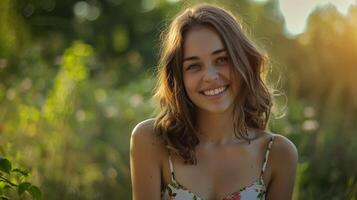 lindo jovem mulher dentro uma verão vestir sorridente foto