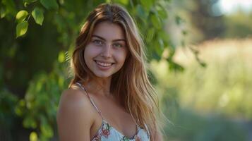 lindo jovem mulher dentro uma verão vestir sorridente foto