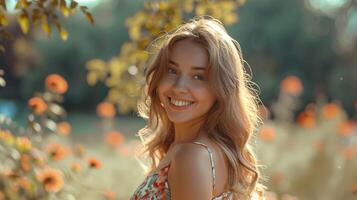 lindo jovem mulher dentro uma verão vestir sorridente foto