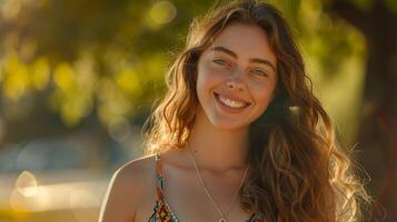 lindo jovem mulher dentro uma verão vestir sorridente foto