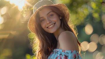 lindo jovem mulher dentro uma verão vestir sorridente foto