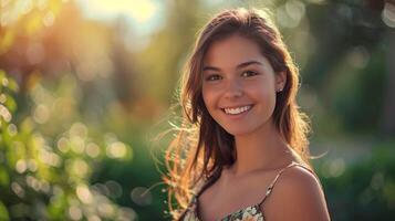 lindo jovem mulher dentro uma verão vestir sorridente foto