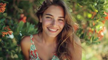 lindo jovem mulher dentro uma verão vestir sorridente foto