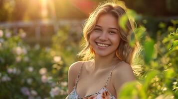 lindo jovem mulher dentro uma verão vestir sorridente foto