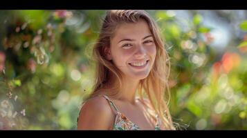 lindo jovem mulher dentro uma verão vestir sorridente foto