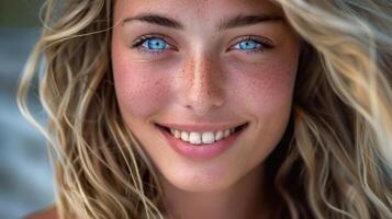 lindo jovem mulher com loiro cabelo e azul foto